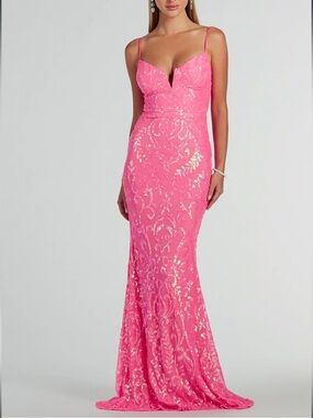 Windsor V-Neck Glam Pink Sequin Mesh Mermaid Evening Gown-XS